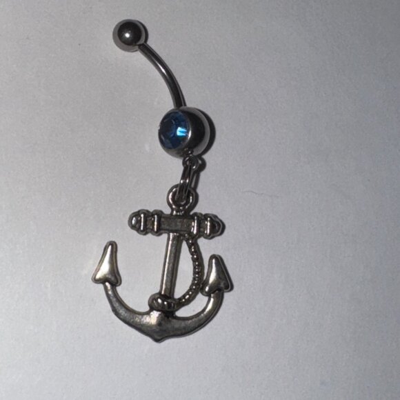 Large Anchor with Rope and Light Blue Gem Dangle Belly Ring - Picture 16 of 16